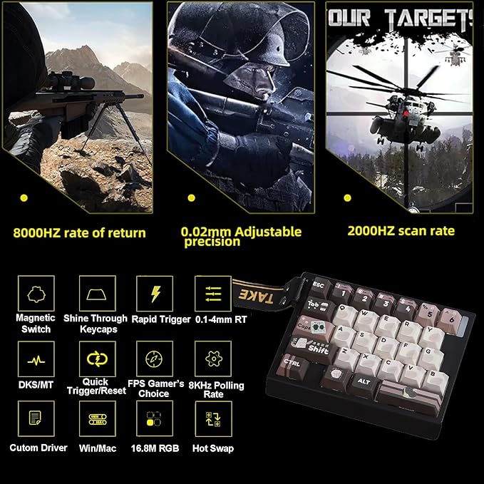 HE30 Rapid Trigger Gaming KeyboardOne-Handed Magnetic Switch Hall Effect RGB HotSwap Custom Mechanical Keyboard Adjustable Actuation8kHz Polling Rate Mini Macro Gasket Keypad (Black-Coffee Bean)