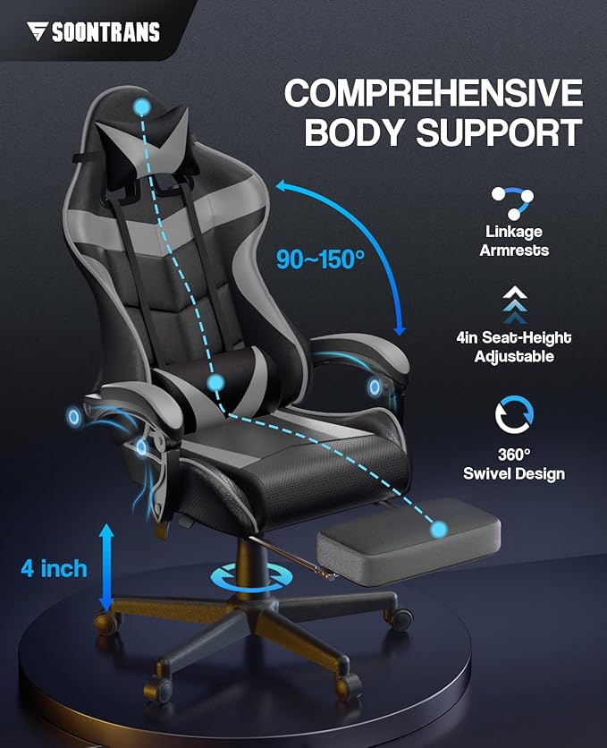 Soontrans Grey Gaming Chairs with FootrestErgonomic Computer Game Chair Gamer Chair with Lumbar Pillow and Adjustable Headrest (Galaxy Grey)