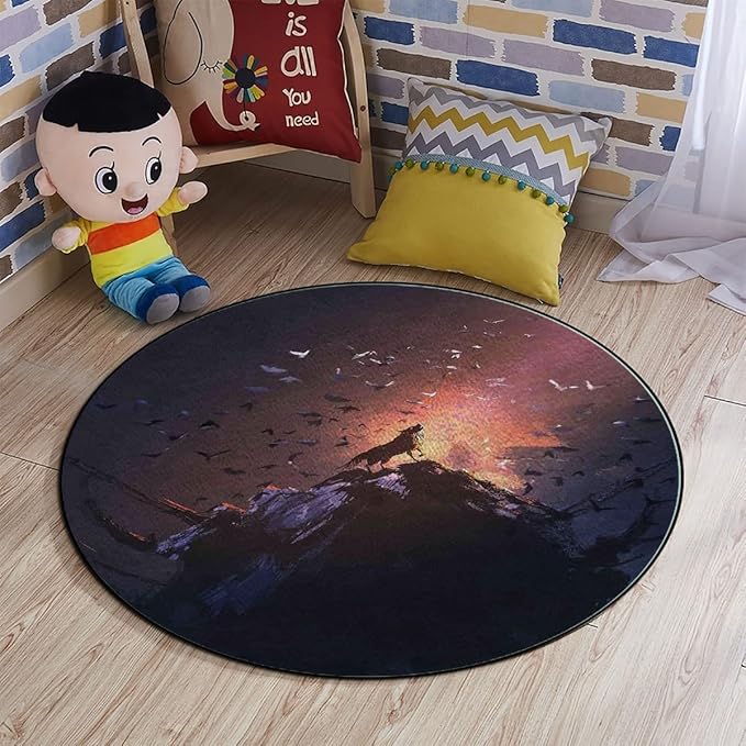 Multicolor Office Chair Computer Gaming Desk Mat for Rolling Chair Non-Slip Gaming Rug Howling Wolf on Rock Surrounded Animals Gaming Chair Mat Round Floor Mats Fantasy World Diameter 60 in
