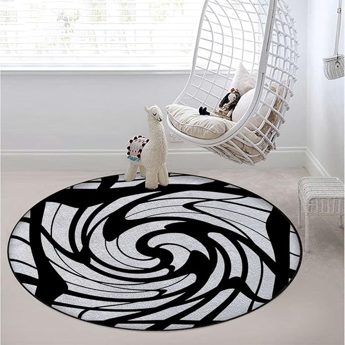 Modern Decor Round Rug for Bedroom Circular Area Rug Washable Throw Rugs Non-Slip Soft Floor Mat for Living Room Sofa Art Geometric Floral Flowers CurvedBlack White Grey Diameter 39.3 in