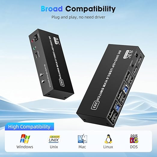 KVM Switch 2 Monitors 2 Computers 8K@60Hz/4K@144Hz HDMI Displayport Dual Monitor KVM Switches 3 USB3.0 Ports for Sharing Keyboard Mouse Mic Headset with 2 USB Cable Power Adapter Desktop Controller