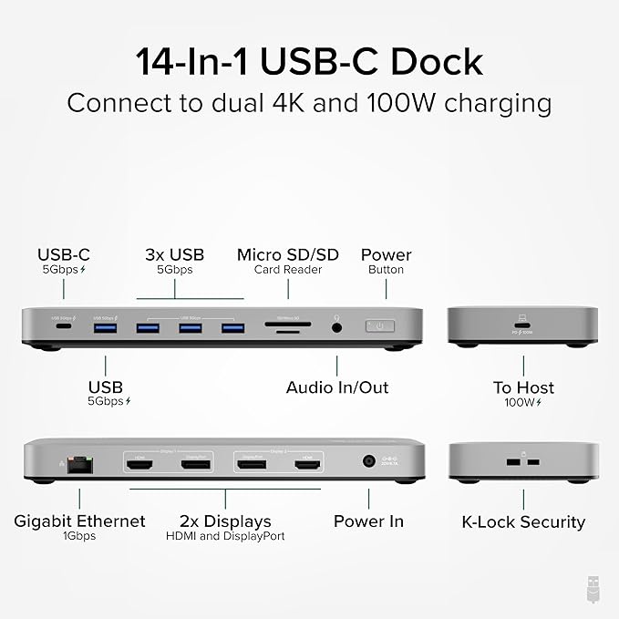 Plugable USB C Laptop Docking Station Dual Monitor 4K 60Hz for Apple Mac M1/M2/M3/M4/M5/Neo 2X HDMI or DisplayPort for MacBook 100W Charging DisplayLink Dock Driver Install Required (UD-6950PDH)