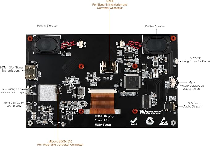 Touchscreen Monitor for Raspberry Pi 7'' IPS LCD Screen 1024 x 600 Smooth Touch Built-in Dual Speakers HDMI Input Compatible with Raspberry Pi 5/4/3/Zero Easy Set-up Driver-Free