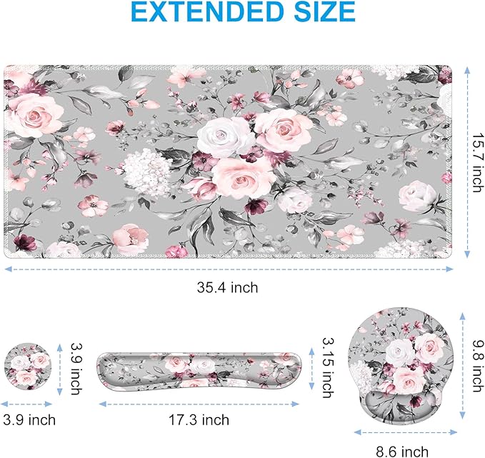 iCasso Large Mouse Pad Wrist Support Set 4in1 XXL Big Mousepad + Keyboard Wrist Rest + Mouse Wrist Rest + Coaster Set with Ergonomic Design Gaming Mat for Home Office Table Computer - Pink Floral