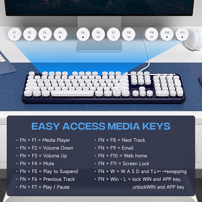 Computer Keyboard Wired Plug Play USB Retro Round Typewriter Keyboard Full Size Wired Keyboard with Foldable Stands for Laptop and Office PC