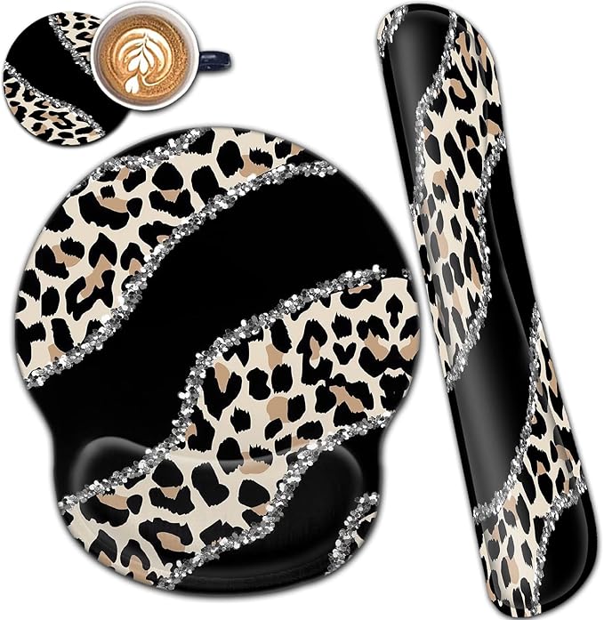 Ergonomic Mouse Pad Wrist Support and Memory Foam Keyboard Wrist Rest Set for Gaming Computer Office Laptop Easy Typing Wireless Mouse Mat Gel Gaming Funy Leopard Pattern Black Office Desk Pad