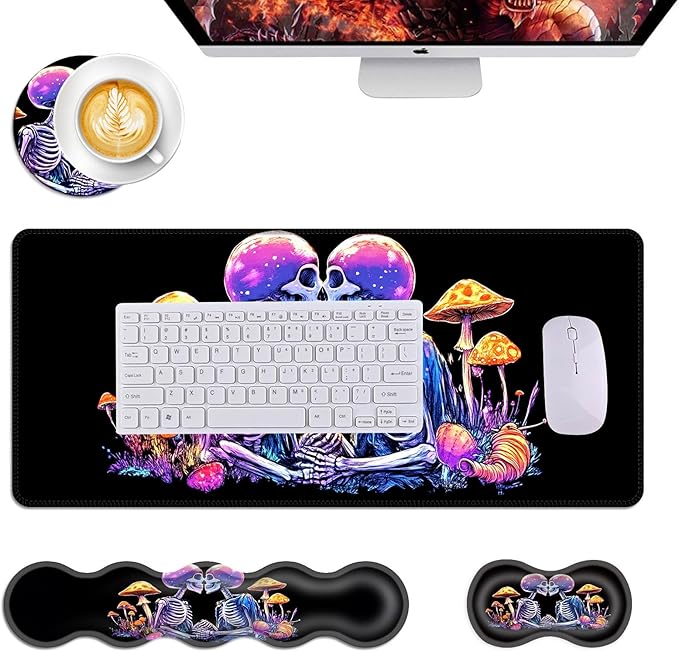 Mouse PadLarge Desk Mat Set 4in1 XL Mousepad + Keyboard Wrist Rest+Mouse Wrist Rest+Coaster with Ergonomic Desk Pad for Home Office Table Computer Cover -Fantasy Skeleton Mushroom