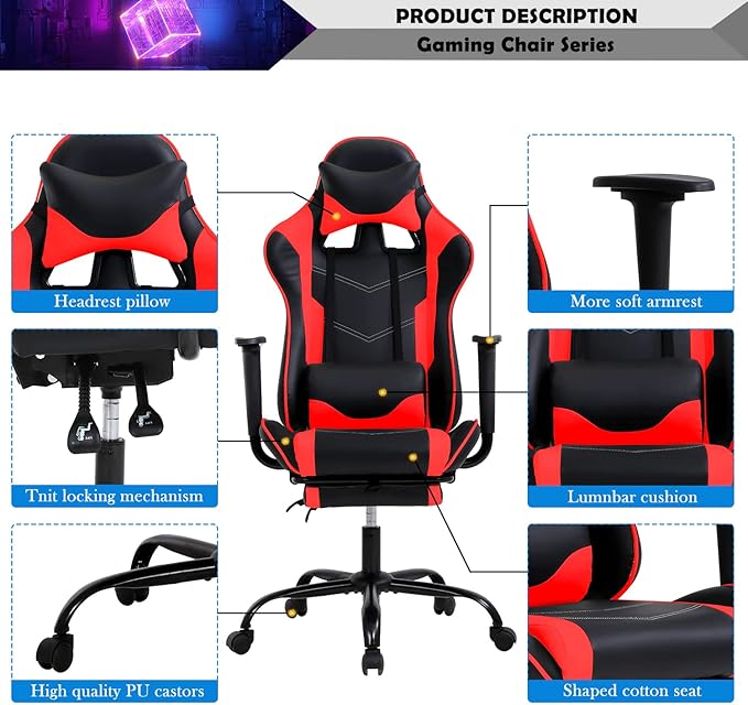 Gaming Chair Racing Style Office Computer Game Chair Ergonomic Desk Chair with Headrest Lumbar SupportHigh Back Gamer Office Chair Massage Recliner Video Game Chairs for Kids or AdultsRed