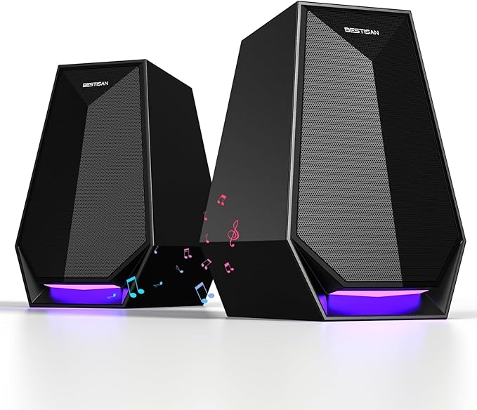 BESTISAN Computer Gaming Speakers for Desktop PC - 30W Powered Monitor Speakers with Bluetooth/AUX/Type-C Connections 6 Colorful Lights Compatible with Monitor Gaming Setup &amp Laptop