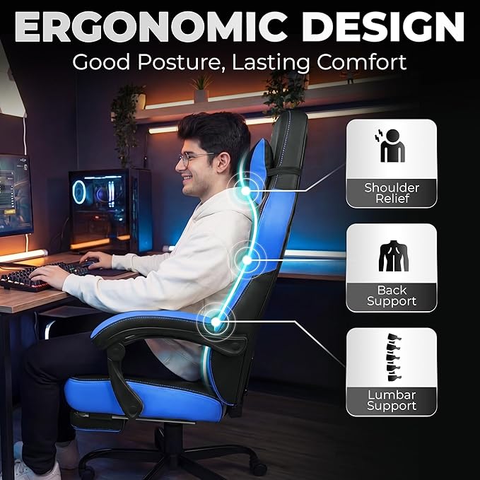 N-GEN GAMING Video Gaming Chair Big and Tall Office Computer Desk Chairs with Ergonomic Lumbar Support High Back Recliner and Footrest for Adults (Blue)