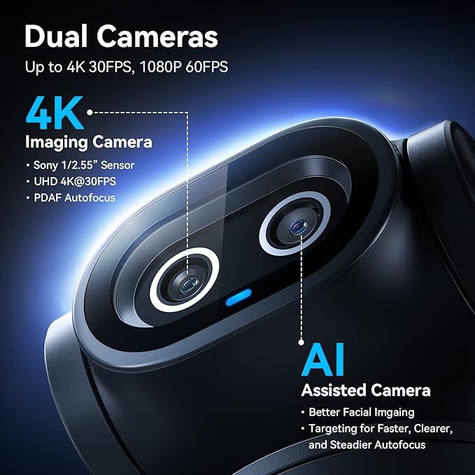 EMEET PIXY Dual-Camera AI-Powered PTZ Camera 4K AI Tracking PDAF&ampAI Autofocus 0.2s 1/2.55'' Sony Sensor 3 Mics Presets Gesture Control 4K Webcam for Streaming and OBS/Twitch/Switch 2 Compat