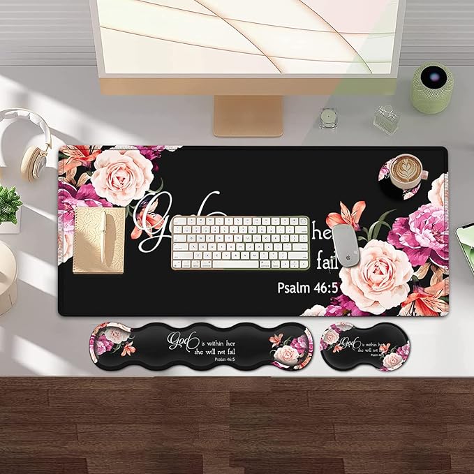 Keyboard Mouse Pad Wrist Rest Support Set Extended Gaming Mouse Pad Large XXL Mousepad + Ergonomic Memory Foam Wrist RestOffice Desk Mat Waterproof Writing Pad Peony Flower Psalm 46:5 Black
