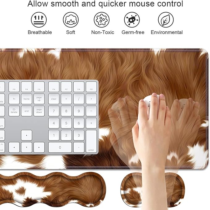 4 in 1 Ergonomic Keyboard Wrist Rest &amp Mouse Pad Wrist Rest Set Large XXL Gaming Desk Mat 31.5x 11.8 with Non-Slip Base Memory Foam for Home Office Study Gaming Brown Cow Print