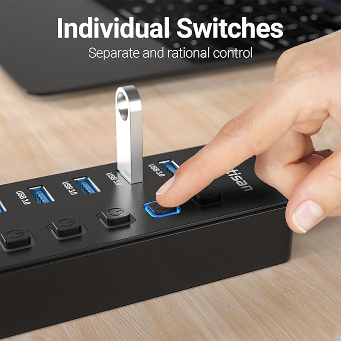 Powered USB Hub 11-Port USB 3.0 Hub Splitter - 10 USB 3.0 Data Transfer Ports + 1 Smart Charging Port USB Hub 3.0 Powered with Individual LED On/Off Switches and 5V/4A Power Adapter