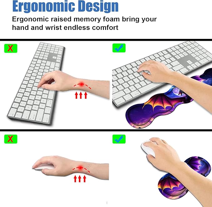 4 in 1 Ergonomic Memory Foam Mouse Pad Wrist Rest Set Large XXL Gaming Desk Pad + Keyboard Wrist Rest + Mouse Wrist Cushion + Coaster for Home Office Study Gaming Dragon