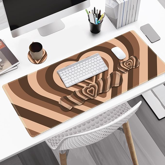 Gaming Mouse Pad Keyboard Wrist Support 4 in1 Mousepad with Wrist Keyboard Rest Computer Desk Mat Non-Slip Desk Pad Protector with Memory Foam Easy Typing Pain Relief I Lovely Brown Hearts