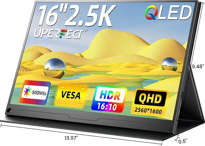 UPERFECT 2.5K QLED Portable Monitor 16 2560x1600 QHD Portable Gaming Monitor 120% sRGB HDR Laptop Monitor w/VESA &amp Smart Case Matte Eye Care External Second Screen for PC Laptop Phone Game Conso