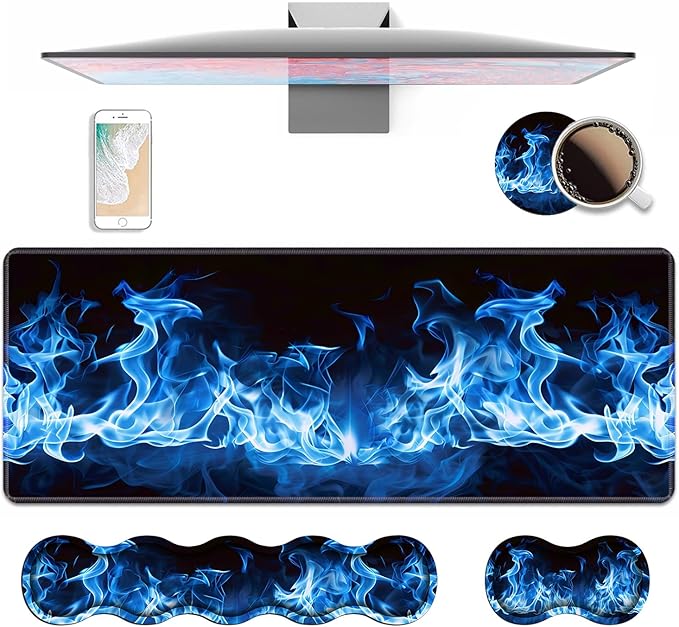 4 in 1 Ergonomic Keyboard Wrist Rest &amp Mouse Pad Wrist Rest Set Large XXL Gaming Desk Mat 31.5x 11.8 with Non-Slip Base Memory Foam for Home Office Study Gaming Blue Flame