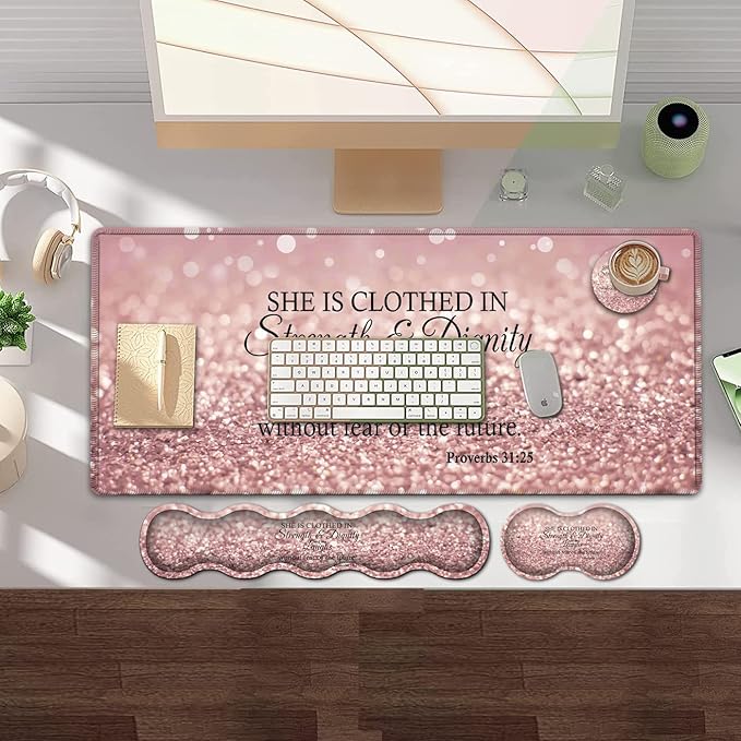Large Gaming Mouse PadExtended Office Desk MatWaterproof Desk Writing Pad for Office/Home Ergonomic Mouse &ampKeyboard Wrist RestProverbs 31:25 Bible Verse Laptop Desk Pad Pink Mousepad Wrist Supp