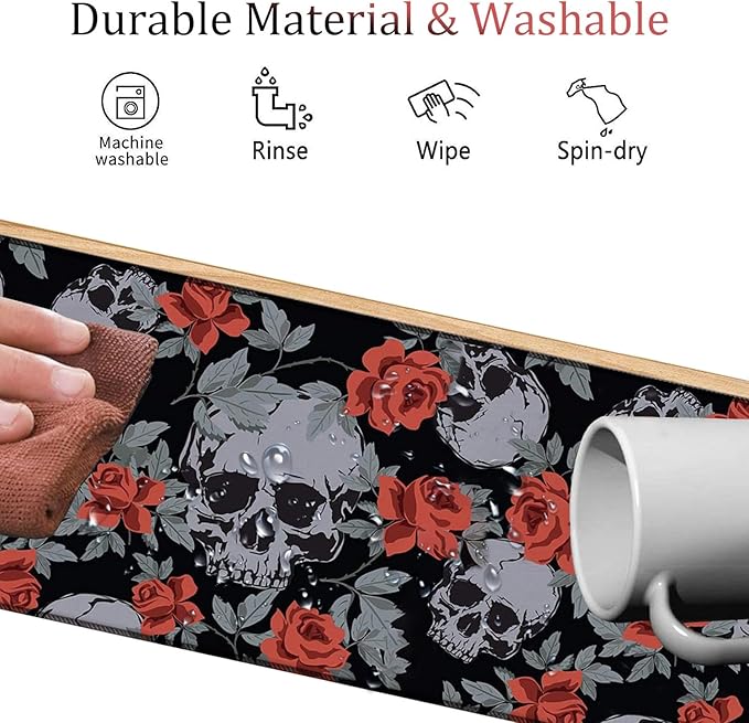 4 in 1 Mouse Pad Combo Large Gaming Mouse Pad + Keyboard Wrist Support + Mouse Wrist Rest + Coaster Table Pad with Stitched Edge Memory Foam Ergonomic Wrist Pad Set Human Skulls Vintage Roses