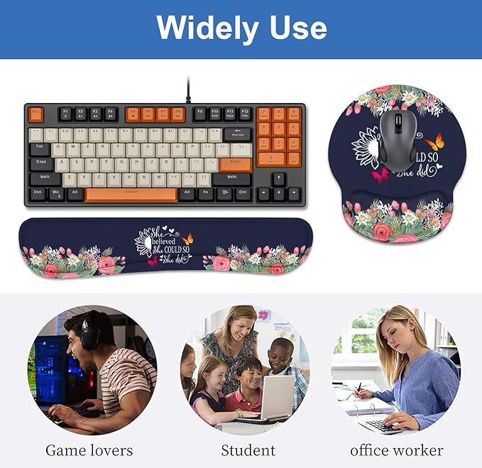 Keyboard Wrist Rest + Mouse Pad Wrist Support Set with Coasters She Believed She Could So She Did Inspirational Quote Design Non-Slip PU Base Ergonomic Mousepad for Home Office Working Studying