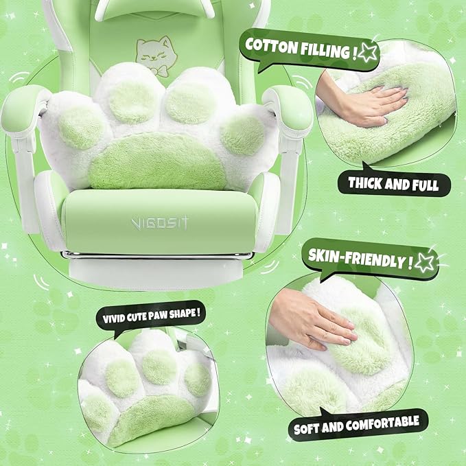 【Gaming Chair with Paw Cushion】 Kawaii PC Gamer Chair for Girls Teens Adjustable Height &amp 90-155° Recline 360° Swivel with Retractable Footrest (Green)