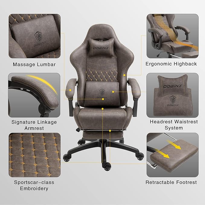 Dowinx Gaming Chair Big and Tall Ergonomic Game Chair for Adults with Footrest and Massage Lumbar Support High Back Computer Gamer Chair PU Leather 350Lbs for Office Home Brown