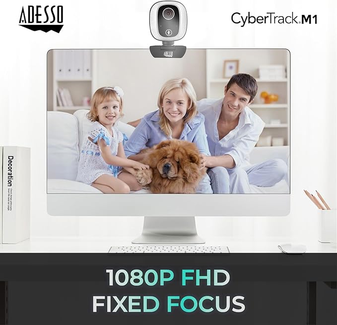 Adesso Motion Tracking 1080P Web Camera CyberTrack M1 H.264 Fixed Focus USB Webcam with 305° Auto Tracking Built-in Microphone and Tripod Mount