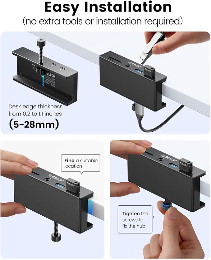 ORICO USB Hub 3.0 Clamp USB Hub with Extra Power Port Aluminum USB C Adapter with 2 USB-A Data Ports3.5mm AUX SD/TF Card Reader for Desktop(Black)