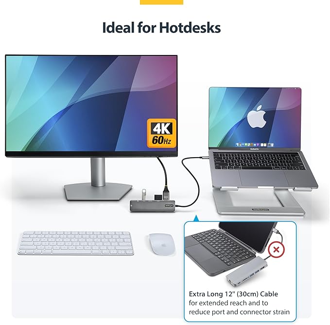 StarTech.com 7-in-1 USB-C Hub Extra Long Cable Multiport Adapter with Gigabit Ethernet 4K 60Hz HDMI Gigabit Ethernet SD/microSD and 100W Charging for MacBook Pro/Air and Windows