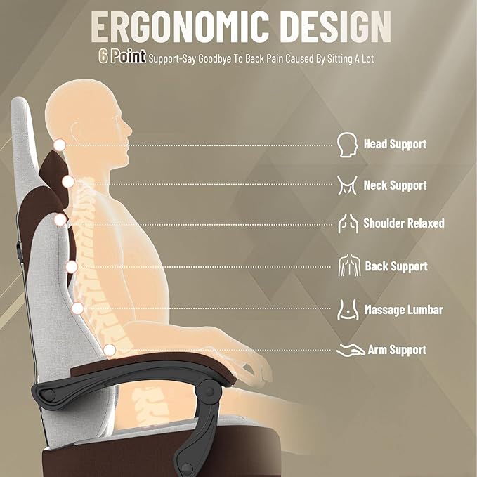 Ferghana Cotton Fabric Gaming Chair with Wider Seat Cushion Shield-Shaped Embroidery Ergonomic High Back Game Chair with Footrest Computer Chair with Massage Lumbar Support for Adult Brown