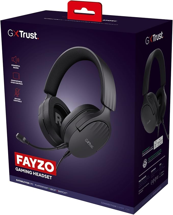 Trust Gaming GXT 489 Fayzo Gaming Headset for PC PS5 PS4 Xbox Series X|S Switch Mobile 3.5 mm Jack 85% Recycled Plastics Over-Ear Wired Headphones with Noise Cancelling Microphone - Black