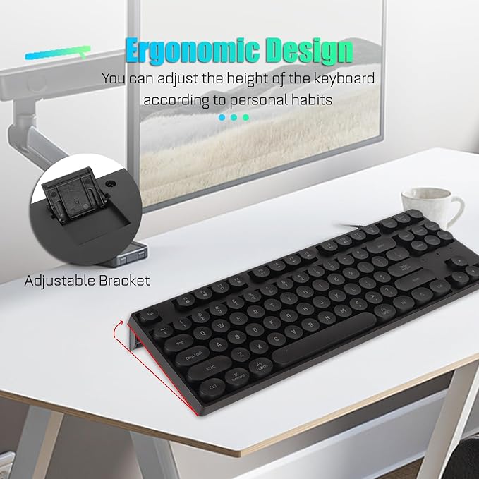 87 Keys Typewriter Mechanical Gaming Keyboard Colorful Backlit Retro Punk Round Keycaps Keyboard Anti Ghosting Hot Swap USB Wired Keyboards for Gamers Typists (Black)