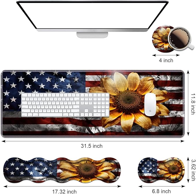 Ergonomic Keyboard Wrist Rest &amp Mouse Pad Wrist Rest Set Large XXL Gaming Desk Mat 31.5x 11.8 with Memory Foam Easy Typing Pain Relief for Office &amp Home American Flag Sunflower