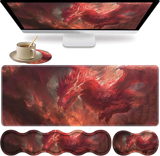 Large XXL Gaming Desk Mat 31.5x 11.8 Ergonomic Keyboard Wrist Rest &amp Mouse Pad Wrist Rest + Coaster Set Non-Slip Base Memory Foam Office and Home Red Dragon