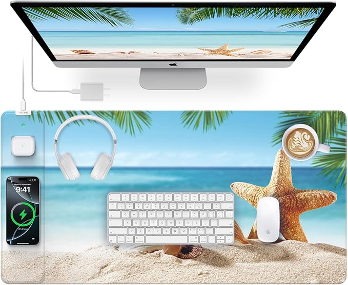 Wireless Charging Mouse Pad 31.5x15.8 Large Gaming Desk Mat for Keyboard/Laptop Waterproof Ultra-Smooth Surface Non-Slip Base with 20W PD Adapter Summer Beach