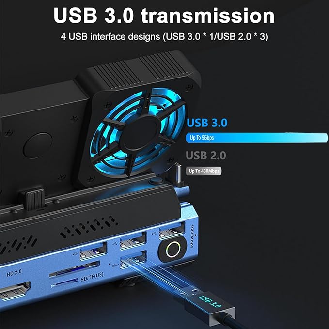 USB C Docking Station Compatible with Switch 2/ Steam Deck OLED/ROG Ally X/Legion Go M.2 NVMe SSD Enclosure Hub with 4K@60Hz HDMI 100W PD Dual Cooling Fans Gigabit Ethernet USB 3.0/SD/TF