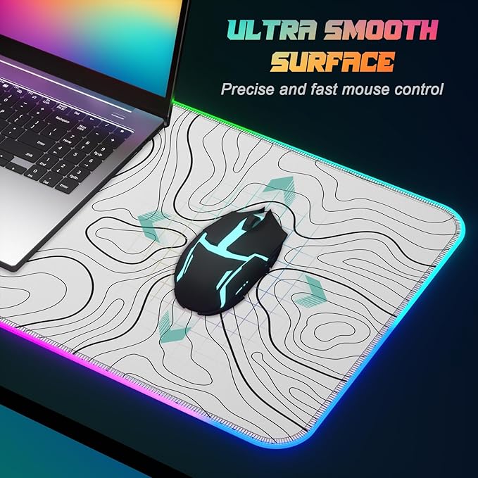 ITNRSIIET RGB Gaming Mouse Pad Full Desk XL Extended Large Gaming Mousepad 12 Lighting Modes 30% Thicker Big LED Desk Mat for Gamers 32 x 12 inches Topographic Contour White