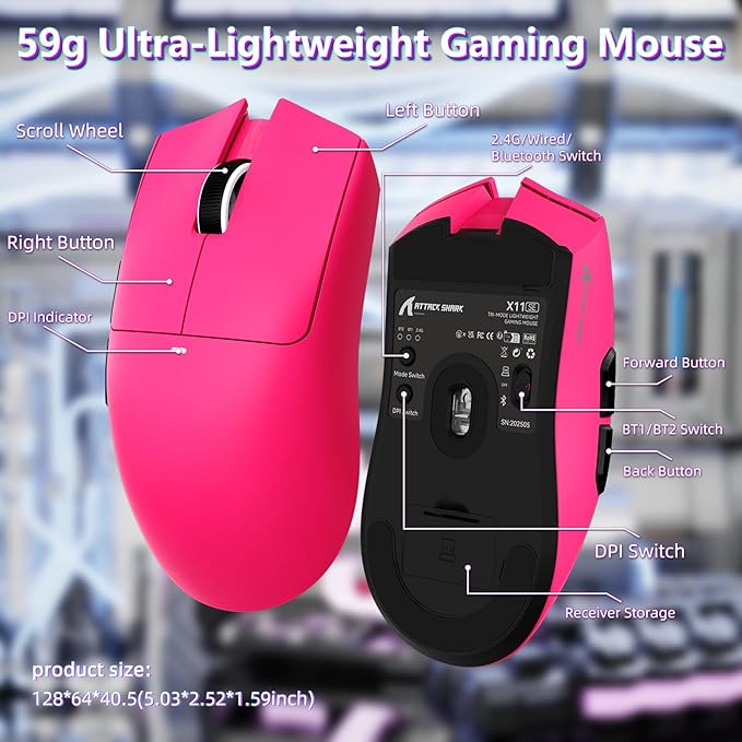 MAMBASNAKE Attack Shark X11SE Lightweight Wireless Gaming Mouse Tri-Mode 2.4G/USB-C Wired/BT 22K DPI PAW3311 Optical Sensor 59g 5 Programmable Buttons 300mAh Battery for PC/Mac((Berry Red)