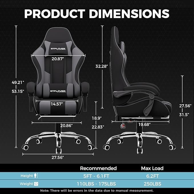 GTPLAYER Gaming Chair Computer Chair with Footrest and Lumbar Support Height Adjustable Game Chair with 360°-Swivel Seat and Headrest and for Office or Gaming (Darkgray Fabric)