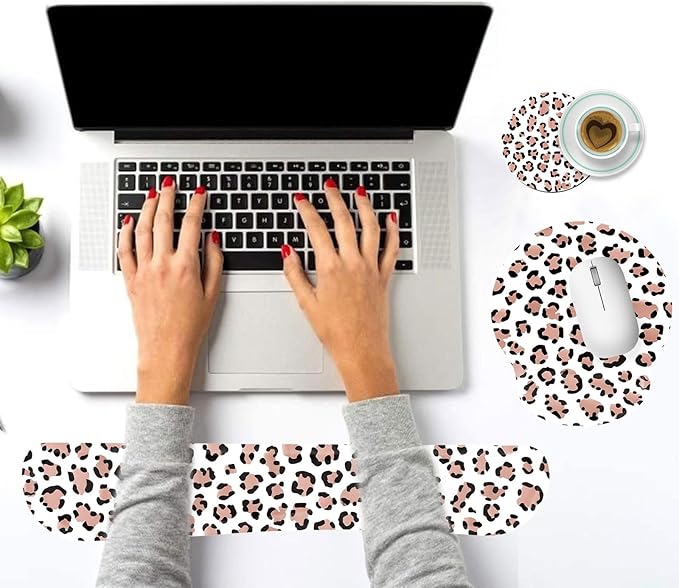 Keyboard Wrist Rest and Mouse Pad Wrist Support Set with CoastersErgonomic Gaming Mousepad for Home Office Working Studying Easy Typing &amp Pain ReliefLeopard Print