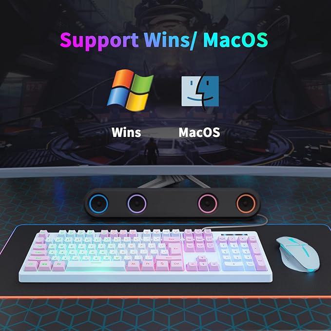 HUO JI Gaming Keyboard USB Wired with Rainbow LED Backlit Floating Keys Mechanical Feeling Spill Resistant Ergonomic for Xbox PS Series Desktop Computer PC Blue Purple