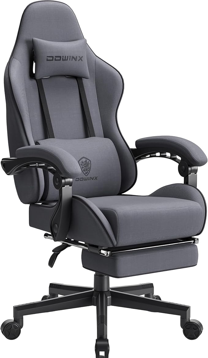 Dowinx Gaming Chair Fabric with Pocket Spring Cushion Massage Game Chair Cloth with Headrest Ergonomic Computer Chair with Footrest 290LBS Grey