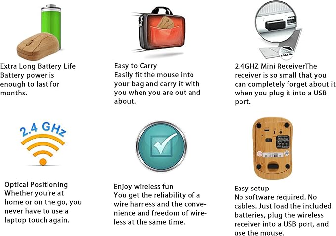 for XP Mouse Creative Bamboo Wooden 2.4G Cordless Mouse Low Noise Computer Mouse with USB Receiver for Notebook PC Laptop Computer Support OTG Function