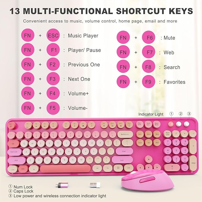 Wireless Keyboard and Mouse Combo Ergonomic Full Size Typewriter Retro Round Keycaps Keyboard Compatible with Windows PC Perfer for Home and Office Keyboards （Red）