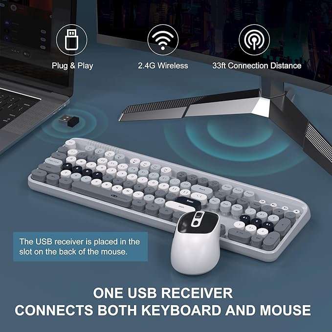 MageGee V920 Wireless Keyboard and Mouse Combo 2.4G Full-Sized Retro Typewriter Keyboard with Round Keycaps &amp Auto-Sleep Mode Cute Computer Keyboard and Cordless Optical Mouse for Laptop/PC (Gra