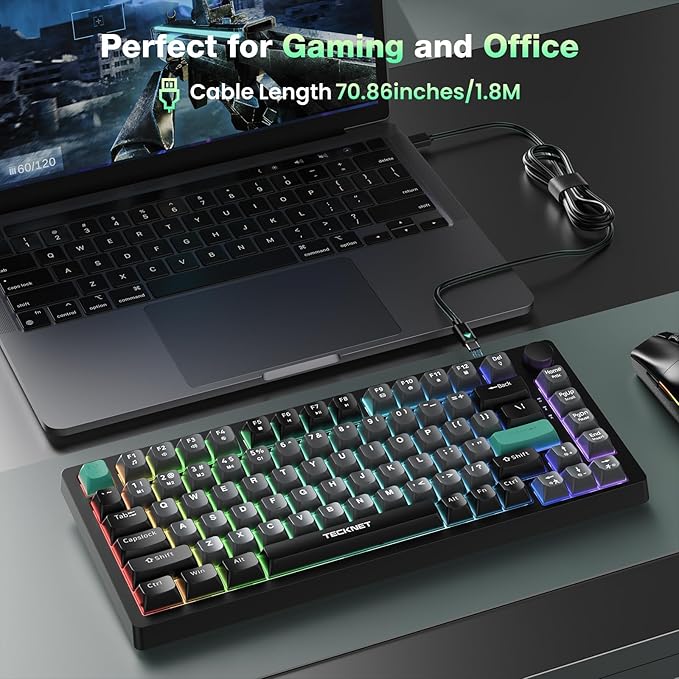 TECKNET Gaming Keyboard 75% Wired Keyboard RGB Backlit 82-Keys with Volume Knob Control 26 Keys Anti-ghosting Whisper Quiet Gaming Switch Travel Friendly for Windows Laptop PC Mac-Grey