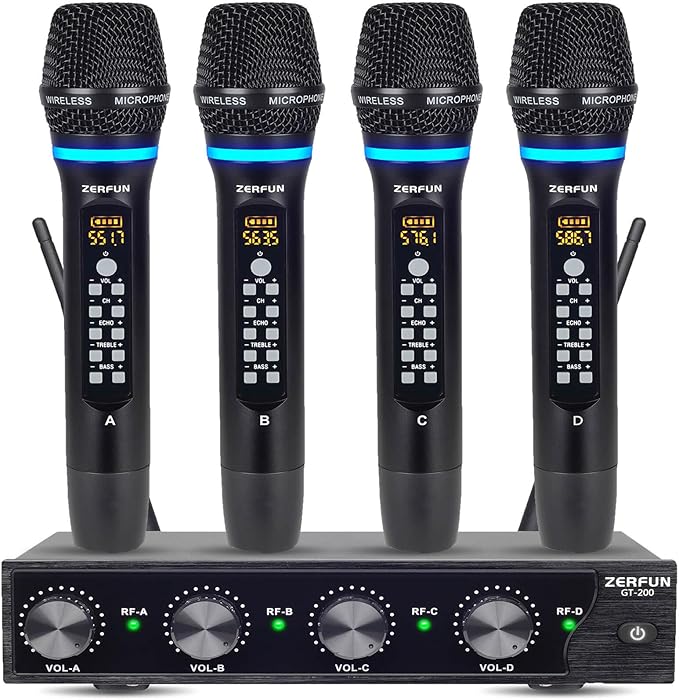 Rechargeable Wireless Microphone System 4 Channel Pro UHF Metal Handheld Wireless Mics Cordless for Church Karaoke Singing with Echo Treble BASS VOL Channel Control(GT-200)