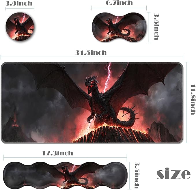 Ergonomic Keyboard Wrist Rest &amp Mouse Pad Wrist Rest SetXL Gaming Desk Mat 31.5x 11.8Non-Slip BaseMemory FoamEasy Typing Pain Relief for Office &amp HomeDark Dragon Pink Lightning