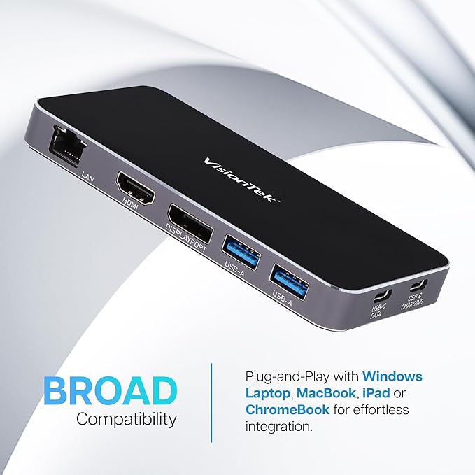 VisionTek VT400 Portable USB-C Dual Monitor Hub - 1x DP 1x HDMI 2X USB-A 1x Ethernet 1x USB-C for Windows/MacOS/ChromeOS/iOS